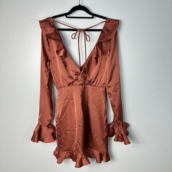 Majorelle X Revolve Dress Nelly Ruffle Surplice Shirred Mini Terracotta Brown S - Picture 3 of 10